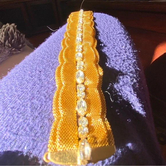 Wide Gold Mesh Bracelet with Clear Prong set Rhinestone Row. 7” - Picture 6 of 11